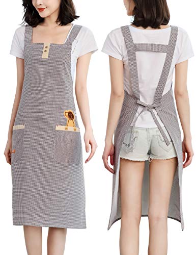 Product Cover Cute Adults Smock Apron for Work - Cotton Fabric 2 Pockets Adjustable Waist Ties Fits for Cooking Baking Painting Gardening (Coffee Plaid)