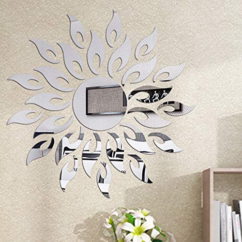 Product Cover Wall Stickers Luxury 3D Sunflower Mirrors Wall Stickers Self Adhesive DIY Acrylic Wall Sticker Silver Home Decoration Wall Stickers Removable Round Flower Acrylic Mirror Decor（Sunflower）