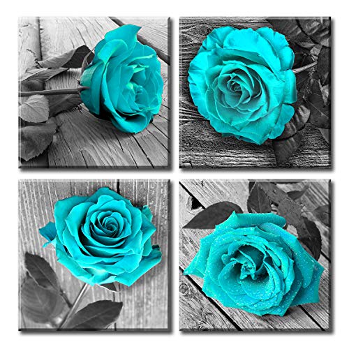 Product Cover JiazuGo - Canvas Wall Art for Living Room - Teal Black and White Rose Floral Painting Pictures - Big Modern Flower Close up - Multi Panel Canvas Wall Art for Bedroom Home Decoration- Ready to Hang