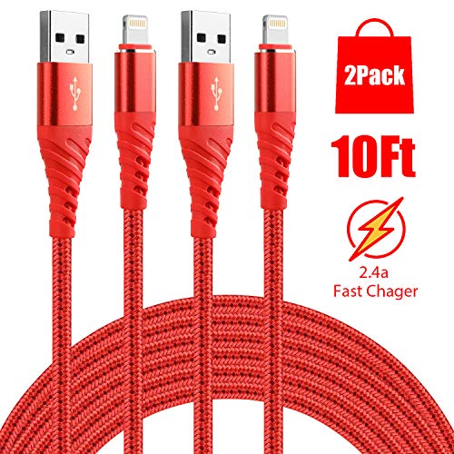 Product Cover 10ft iPhone Charger, 2 Pack Lightning Cable 10 Foot Nylon Braided USB Charging & Syncing Long iPhone Charger Cord 10 feet Compatible with iPhone Xs/XR/XS Max/X/7/7Plus/8/8Plus/6S/6SPlus