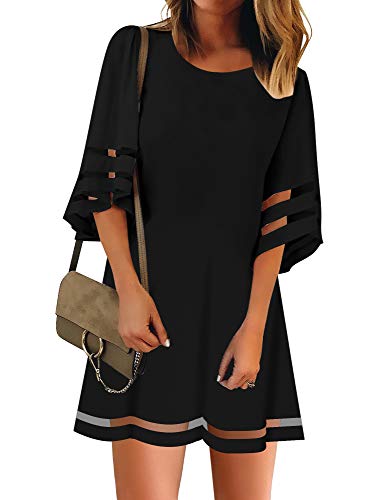 Product Cover LookbookStore Women Casual Crewneck Mesh Panel 3/4 Bell Sleeve Loose Tunic Dress