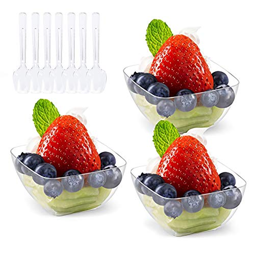Product Cover Kingrol 100 Ct Mini Dessert Cups with Spoons, 2 Ounce Disposable Bowls for Mousse, Puddings, Appetizers, Entrees, Sundaes