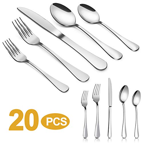 Product Cover Silverware Set，MASSUGAR 20-Piece Silverware Flatware Cutlery Set, Stainless Steel Utensils Service for 4, Include Knife/Fork/Spoon, Mirror Polished (20-Piece)