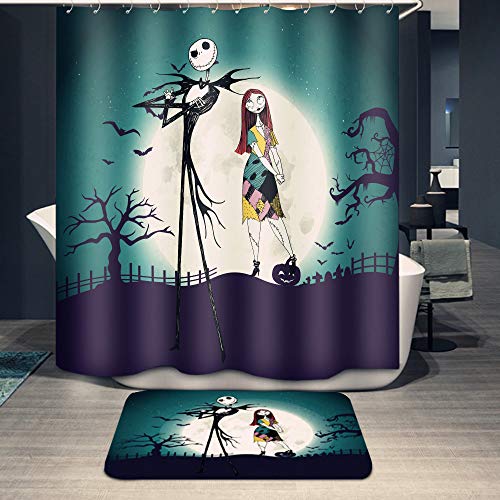 Product Cover Youni Jack Skellington Shower Curtain Set with Bathroom Rug Pack of 2 Nightmare Before Christmas Jack 100% Microfiber Polyester with 12 Hooks,72Inch