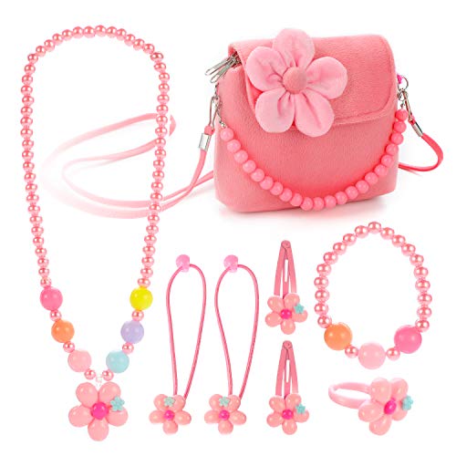 Product Cover Hifot Kids Jewelry Little Girls Plush Handbag Necklace Bracelet Ring Hair Clips Set, Jewelry Party Favors Gift for Dress up Pretend Play