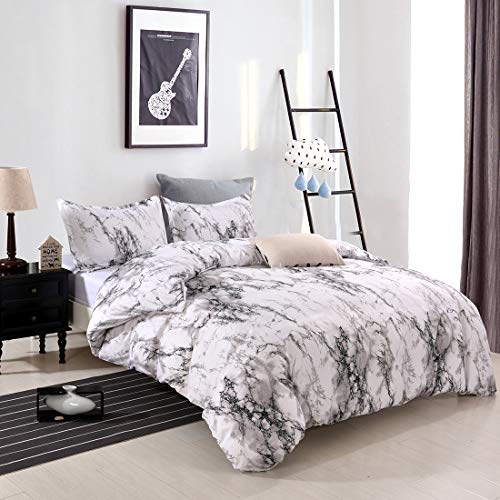 Product Cover YMY Lightweight Microfiber Bedding Duvet Cover Set, Marble Pattern (White Marble, Queen)