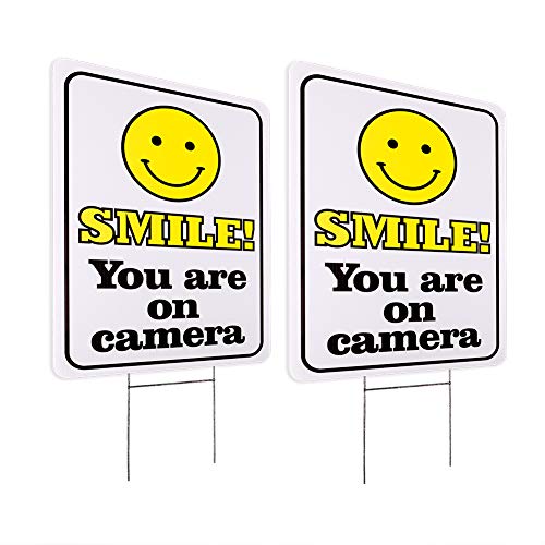 Product Cover WaaHome 2 Pack Video Surveillance Sign with Metal Wire H-Stakes, 10''X14'' Funny Smile You're On Camera Signs Outdoor