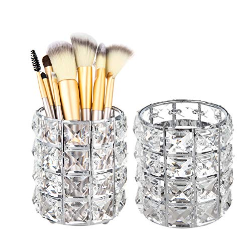 Product Cover Feyarl 2pcs Crystal Beads Makeup Brush Holder Silver Bling Handcrafted Comb Brush Pen Pencil Holder Pot Cup Storage Cosmetic Tools Organizer Container Candle Holder