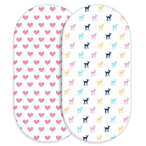 Product Cover Universal Bassinet Sheets for Girls, Momcozy 100% Breathable Cotton Sheet Set 2 Pack, Fit for Most Bassinet Pad/Mattress Like Halo, MiClassic, Arms Reach, Chicco Lullago and More (Pink Heart & Fawn)