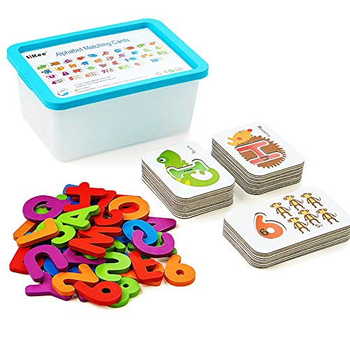 Product Cover LiKee Alphabet and Number Flash Cards Wooden Jigsaw Puzzle Peg Board Set Preschool Educational Montessori Toys for Toddlers Kids Boys Girls 3+ Years Old (36 Cards and 37 Wooden Blocks)