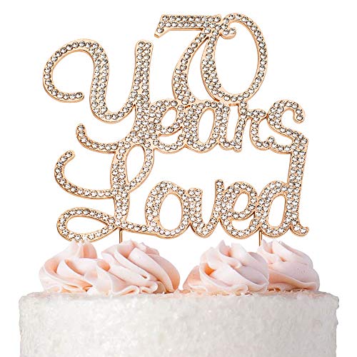 Product Cover 70 Years Loved ROSE GOLD Cake Topper | Premium Sparkly Crystal Rhinestone Gems | 70th Birthday Party Decoration Ideas | Quality Metal Alloy | Perfect Keepsake |