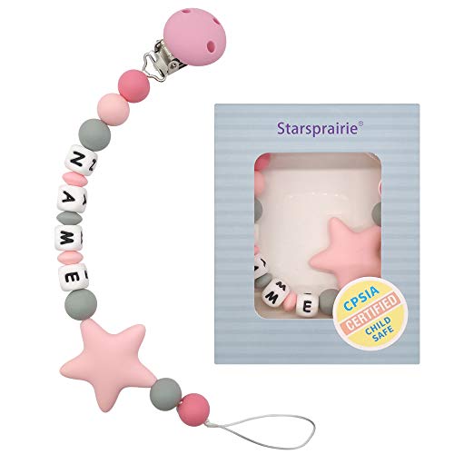 Product Cover Customized Pacifier Clip Baby Teething Toys Personalized Name Paci Clip BPA Free Silicone Beads Binky Holder for Boy Girl Shower Gift (Pink)