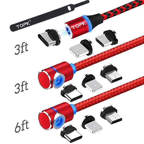 Product Cover TOPK USB Magnetic Cable,Micro USB and Type C 3in1, 90 Degree Right Angle,Nylon Braided Cord,360 Magnetic Charging Cable with Led Light,(3-Pack,3ft/3ft/6ft)Magnetic Phone Charger Cable for Android(Red)