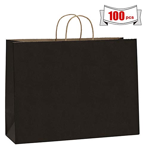 Product Cover BagDream 100Pcs 16x6x12 Inches Kraft Paper Bags with Handles Bulk Gift Bags Shopping Bags for Grocery, Mechandise, Party, 100% Recyclable Large Black Paper Bags