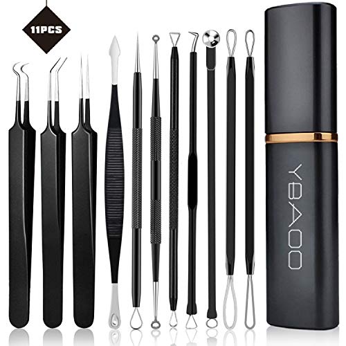 Product Cover [New]Blackhead Remover Tool 11PCS, Ybaoo Professional Pimple Popper Tool Kit - Treatment for Blackheads, Pimples, Whiteheads and Zit Popper and Metal Case (Black)