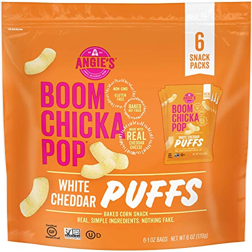 Product Cover Angie's BOOMCHICKAPOP White Cheddar Puffs Baked Corn Snacks, 1 Ounce Snack Pack Bag, 6-Count