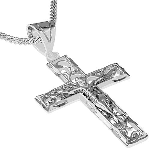 Product Cover Lifetime Jewelry Cross Necklace for Men & Women [ Large Filigree Crucifix ] 20X More Real 24k Gold Plating Than Other Pendant Necklaces (White Gold Crucifix with 20