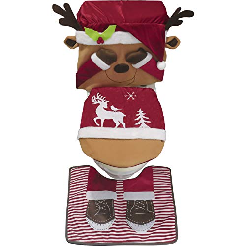 Product Cover Valery Madelyn 3 Pack Traditional Reindeer Christmas Toilet Seat Cover and Rug Set for Bathroom Decorations and Christmas Festival, Themed with Chair Covers (Not Included)