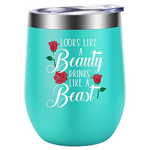 Product Cover Valentines, Galentines Day Gifts for Her, Wife, Girlfriend, Mom - Looks Like A Beauty Drinks Like A Beast - Funny Birthday Wine Gifts for Women, Best Friend, Sister, Daughter - LEADO Wine Tumbler