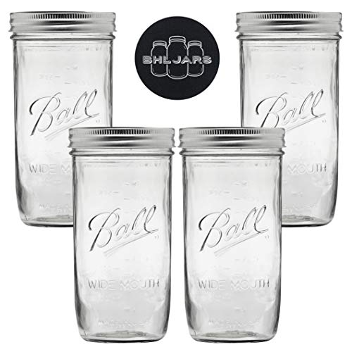 Product Cover Ball Mason Jars Wide Mouth 24 oz Bundle with Non Slip Jar Opener- Set of 4 Mason Jars - Canning Glass Jars with Lids and Bands
