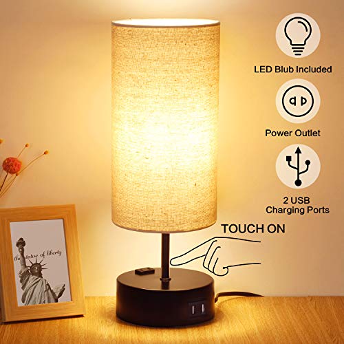Product Cover 3 Way Dimmable Touch Table Lamp, 2 Fast Charging USB Ports with Power Outlet. Bedside Touch Lamp, Nightstand Lamp, Bedroom Lamp for Bedroom, Living Room, Office, 60W Equivalent LED Bulb Included