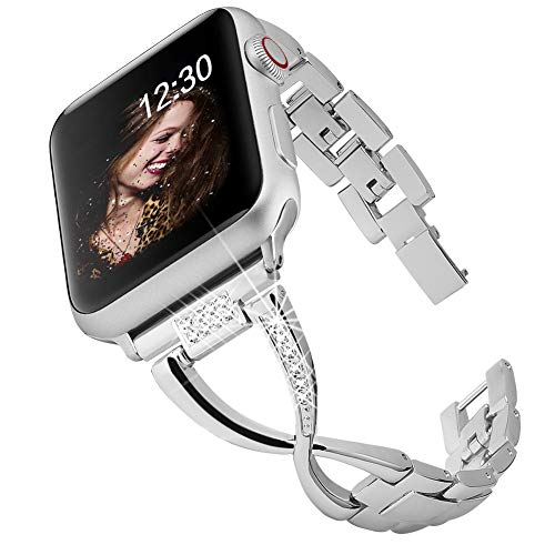 Product Cover BAITEYOU Band Compatible For Apple Watch Bands 38mm 40mm iwatch Series 5 4 3 2 1 Bands 42mm 44mm For Women Jewelry Metal Wristband Strap,Bracelet Replacement With Bling Diamond X-Link