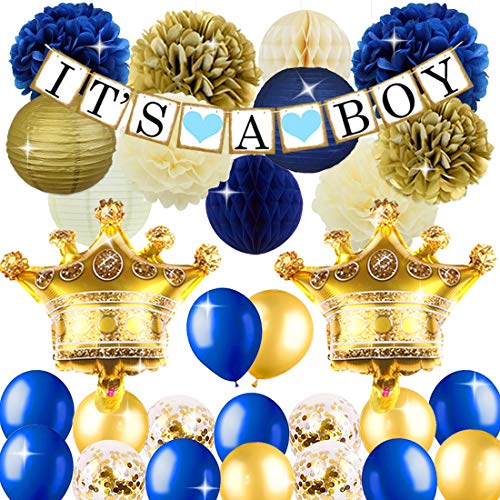Product Cover KREATWOW Royal Prince Baby Shower Decorations with Crown Mylar Balloons It's A Boy Banner for Royal Blue Baby Shower 1st Birthday Decorations Supplies