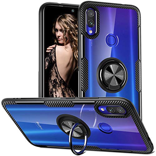 Product Cover QSEEL for Xiaomi Redmi Note 7 /Pro Clear Ring Armor Case, One-Piece Shockproof Hybrid Bumper Combined with High-Density TPU, Hard Crystal PC Panel and Built-in Ring Holder (Redmi Note 7 /Pro, Black)