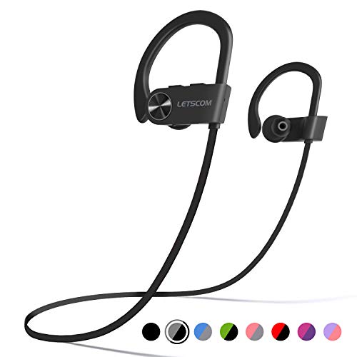 Product Cover LETSCOM Bluetooth Headphones IPX7 Waterproof, Wireless Sport Earphones, Hifi Bass Stereo Sweatproof Earbuds W/Mic, Noise Cancelling Headset for Workout, Running, Gym, 8 Hours Play time