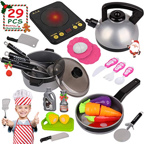 Product Cover Kids Kitchen Pretend Play Set - 29Pcs Kitchen Toys Including Induction Cooker with Light Sound, Apron&Chef Hat, Cookware Utensils, Cutting Food Playset Accessories for Toddlers Girls Boy Birthday Gift