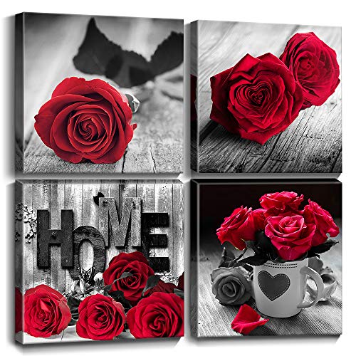 Product Cover YOOOAHU Red Rose Flower Wall Art Bedroom Room Decor Black and White with Red Lover Couple Gift Canvas HD Print Painting Pictures Bathroom Kitchen Office Love Theme Decoration Set 4 Panels 12x12 Inch