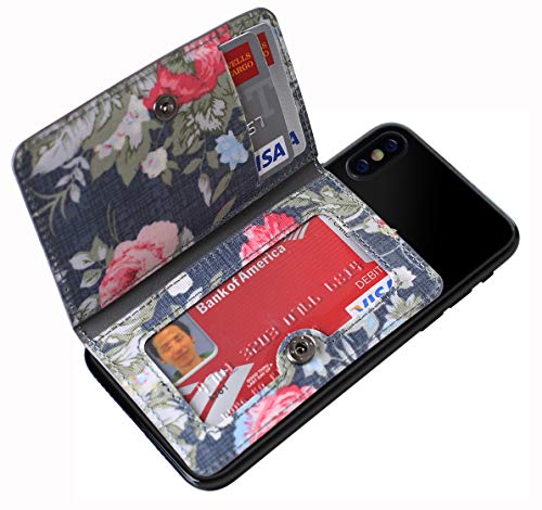 Product Cover CheapSunday ID Card Holder for Back of Phone Leather Phone Wallet Stick On with Stand Flip Waterproof Leather Adhesive Wallet for Most Cellphones (Navy Floral)