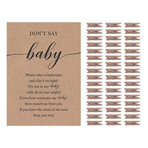 Product Cover Don't Say Baby Game for Gender Neutral Baby Shower Clothespin Game Includes One 5x7 Kraft Sign and 48 Mini Natural Clothespins