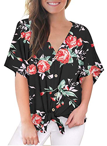 Product Cover Jescakoo Women's V-Neck Short Sleeve Tops Floral Tie Knot Button Down Loose Tshirts