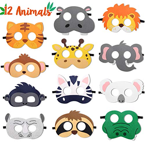 Product Cover CiyvoLyeen Safari Jungle Animal Felt Masks Wild Animal Theme Birthday Party Favors Kids Costumes Dress-Up Party Supplies(12 Pieces)