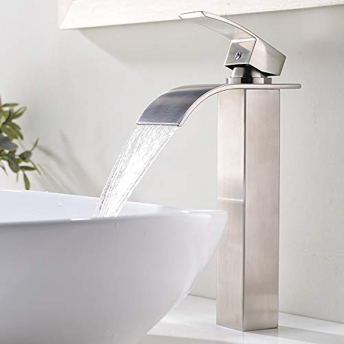 Product Cover VESLA HOME 1.77 Inches Body Wide Tall Waterfall Single Handle Brushed Nickel Vessel Sink Bathroom Faucet, Lavatory Vanity Sink Faucet With Large Rectangular Spout