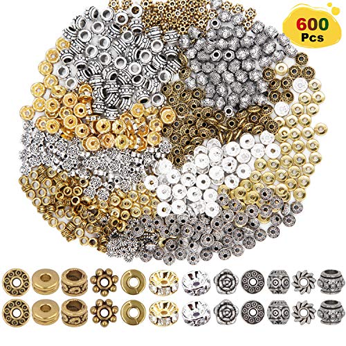 Product Cover EuTengHao 600pcs Spacer Beads Jewelry Bead Charm Spacers Alloy Spacer Beads for Jewelry Making DIY Bracelets Necklace and Crafting (12 Styles,Silver and Gold)