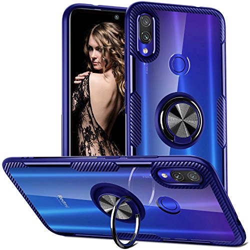 Product Cover QSEEL for Xiaomi Redmi Note 7 /Pro Clear Ring Armor Case, One-Piece Shockproof Hybrid Bumper Combined with High-Density TPU, Hard Crystal PC Panel and Built-in Ring Holder (Redmi Note 7 /Pro, Blue)