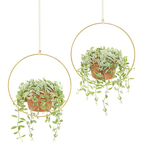 Product Cover Mkono 2 Pcs Metal Round Hanging Planter Modern Plant Hangers Mid Century Flower Pot Holder Home Decor, Fits 6 Inch Pot, Gold (Pot NOT Included)