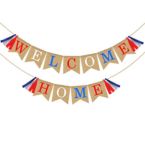Product Cover Welcome Home Banner Burlap - Patriotic Banner Bunting - Military Homecoming Banner - Your Family Members Friends Welcome Home Decorations Party Supplies - Red White & Blue