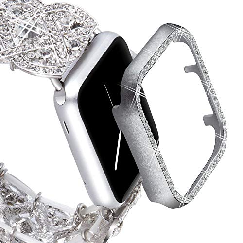 Product Cover VIQIV Bling Protective Face Bumper Case Cover for Compatible with Apple Watch 38mm 42mm 40mm 44mm, Crystal Diamond Plate Frame Compatible with Apple iWatch Series 4 3 2 1 Silver