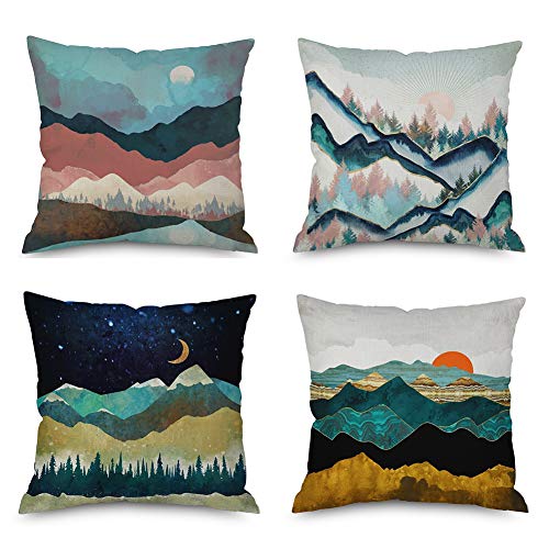 Product Cover HEYHOUSENNY Cartoon Landscape Mountains Decorative Watercolour Throw Pillow Covers Tree Bright Cushion Covers Square Outdoor Pillowcase for Sofa Set of 4 (Forest,Sun,Moon)