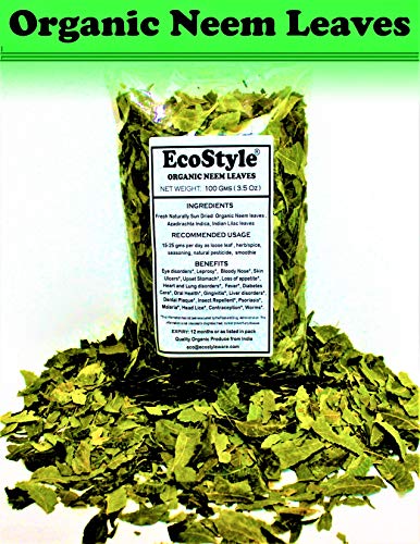 Product Cover Ecostyle | Organic Neem Leaves | Dried Whole Leaf | Premium Quality | 3.5 Oz (100gm) | Margosa Herb | Shade Dried | Herbal Supplement | Natural Detox | Anti-Bacterial | Non-GMO | Pure Wild Harvest !
