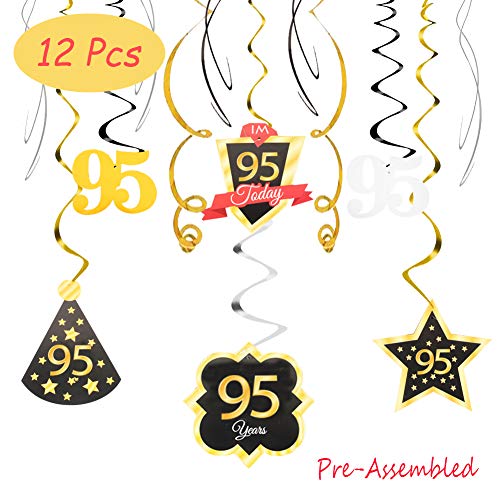 Product Cover 95 Birthday Decoration Happy 95th Birthday Party Silver Black Gold Foil Hanging Swirl Streamers I'm Ninety-five Years Old Today Birthday Hat Gold Star Ornament Party Present Supplies
