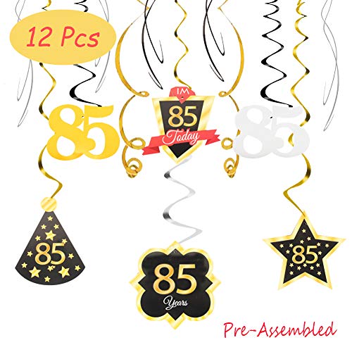 Product Cover 85 Birthday Decoration Happy 85th Birthday Party Silver Black Gold Foil Hanging Swirl Streamers I'm Eighty-five Years Old Today Birthday Hat Gold Star Ornament Party Present Supplies