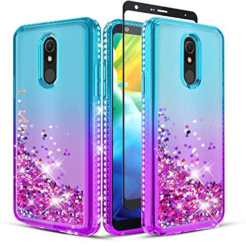 Product Cover Wallme for LG Stylo 5 Case,LG Stylo 5 Plus Case,LG Stylo 5+/5V/5X Case w/ Screen Protector (Full Coverage),Glitter Diamond Falling Hearts Durable Shockproof Phone Case for Girls Women-Teal/Purple