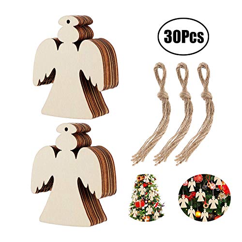 Product Cover Soohappy 30 Pieces Wooden Angel Shape Cutouts Crafts Blank Wood Hanging Ornaments with 3 Rolls Twines for Christmas Tree Decoration