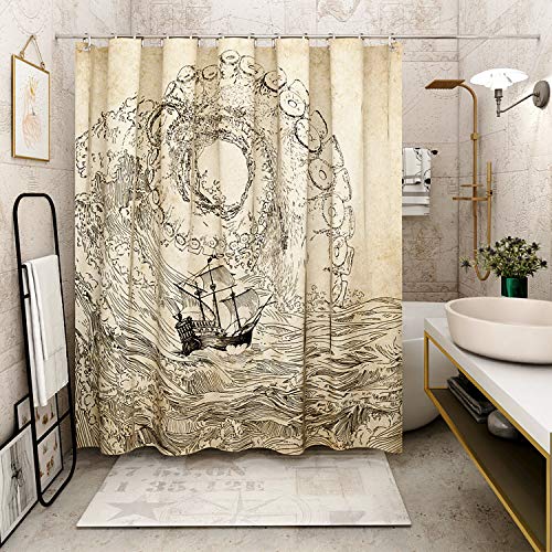 Product Cover DESIHOM Octopus Shower Curtain, Kraken Shower Curtain Nautical Shower Curtain Vintage Waves Sailboat Shower Curtain Polyester Waterproof Shower Curtain 72x72 Inch