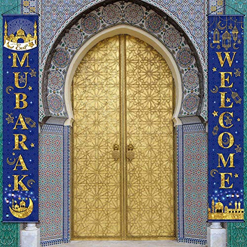 Product Cover Eid Mubarak Decoration Set Eid Mubarak Porch Sign Welcome Banner Hanging Decoration for Indoor/Outdoor Decoration Eid Al-fitr Party (Blue Gold)