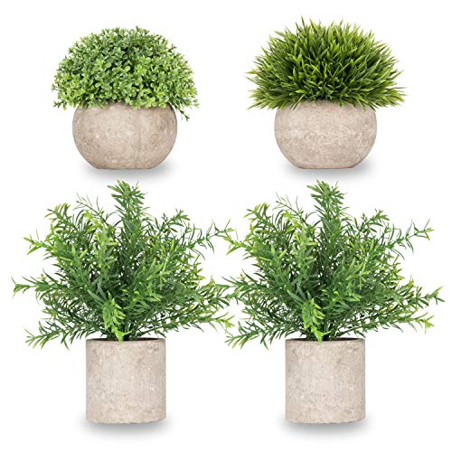 Product Cover Meiliy Realistic Fakes Plants Rosemary Plant Mini Potted Artificial Plants in Gray Pot for Bathroom Home House Decor(Set of 4)